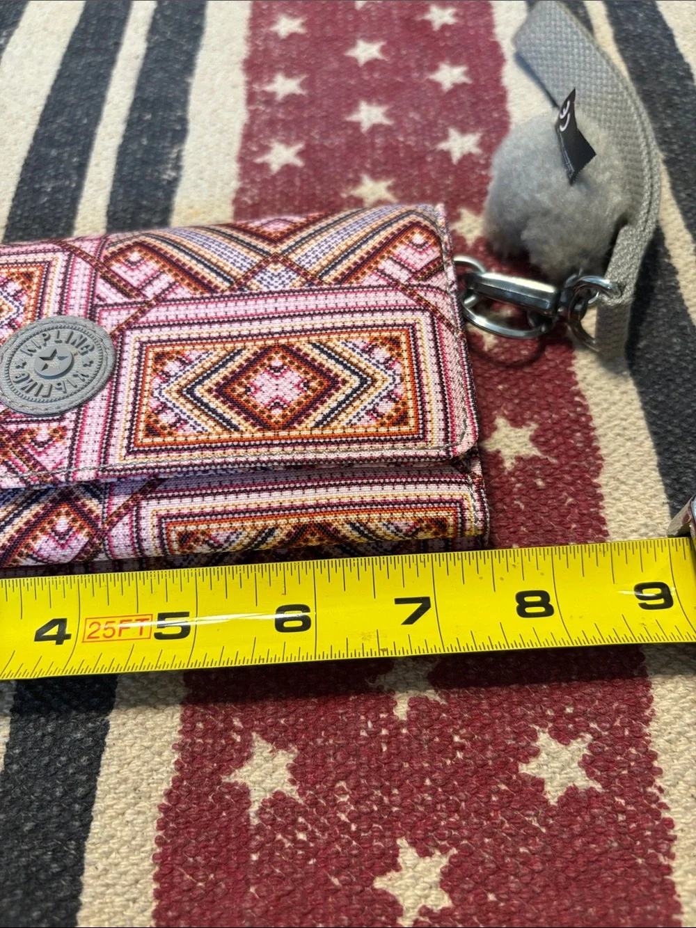 Kipling Pink and Orange Geometric Wristlet Wallet with Monkey Charm
